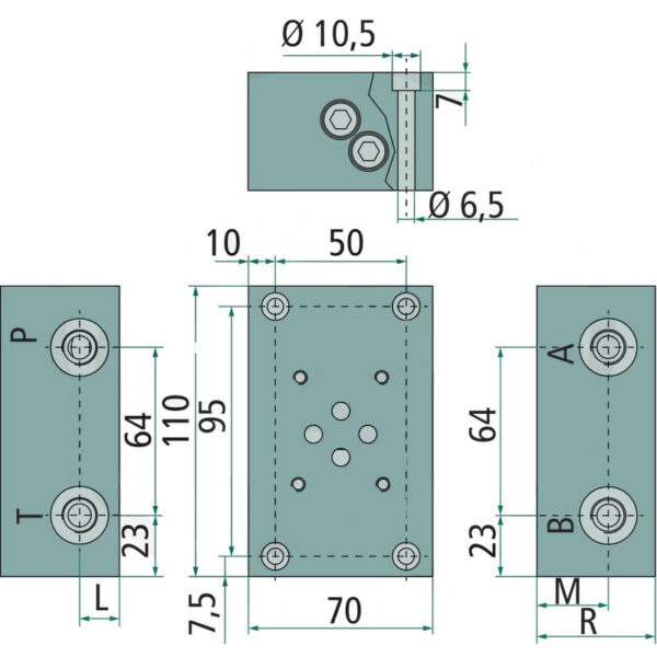 Cetop3 NG06 base plate 1 section connection plate 1 compartment for hydraulics - Image 3