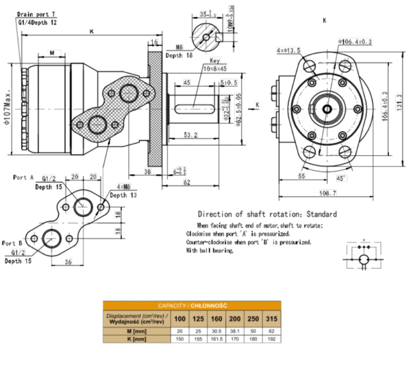 Hydraulikmotor Gerotormotor Ölmotor BMR 315, ähnlich SMR BMP OMP Welle Ø32 4-Loch – Bild 2