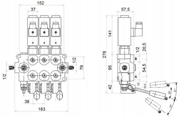 Hydraulikventil elektrisch Hebel Q45 60L 3 fach für Doppelwirkende zylinder – Bild 2