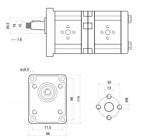 Double tandem hydraulic gear pump from 4 to 25 ccm shaft 1:8 flange connections - Image 2